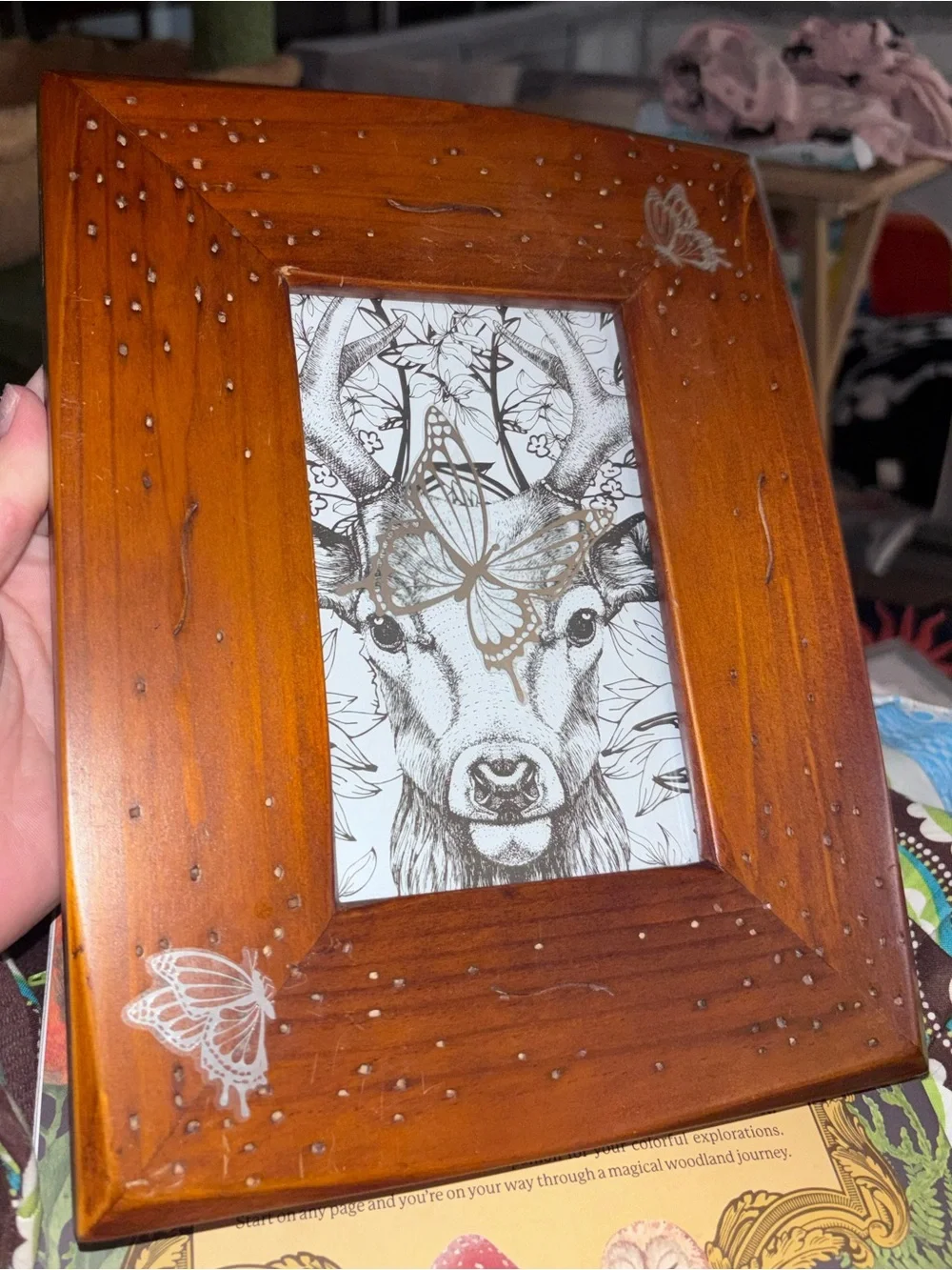 Wooden Butterfly Accent Picture Frame with deer print  - Brown